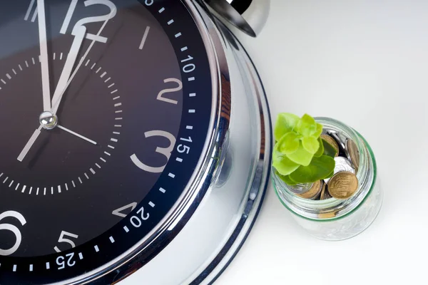 Coins with plant and clock, isolated on white background. — Stock Photo, Image