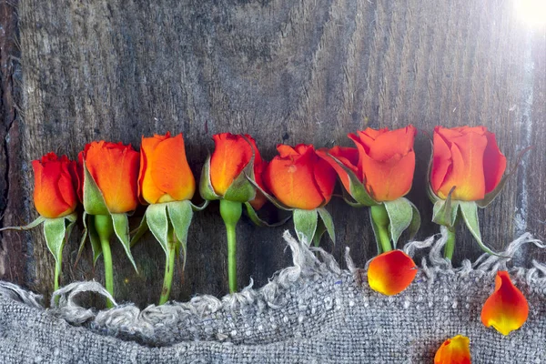 Rosas vermelhas na placa de madeira, fundo do Dia dos Namorados. — Fotografia de Stock