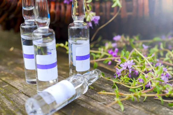 Alternative Medicine.Thyme and medical ampoules. Essential oils — Stock Photo, Image