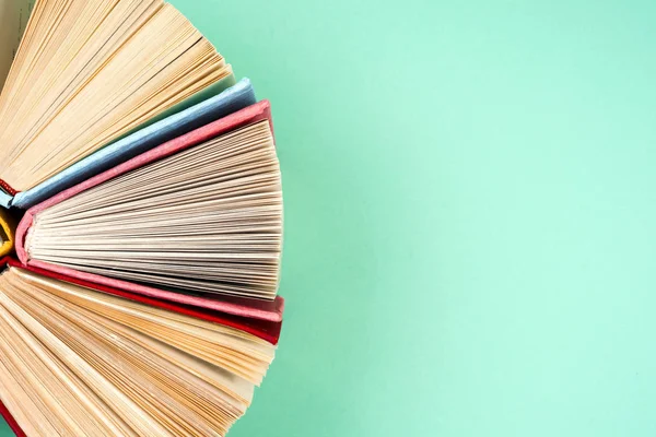 Bir daire içinde parlak renkli ciltli kitapların Üstten Görünüm.