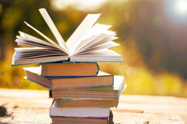 Doğal arka planda tahta masa üzerine açık bir kitap. Yumuşak odak