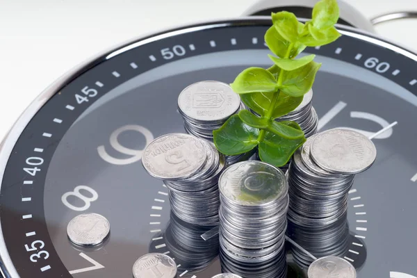 Monedas con planta y reloj, aisladas sobre fondo blanco. concepto de ahorro — Foto de Stock