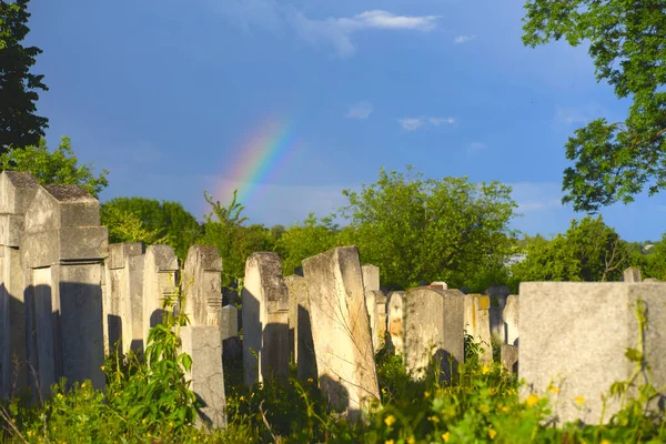 Starý židovský hřbitov na barevné obloze západu slunce, Černovice Ukrajina. — Stock fotografie