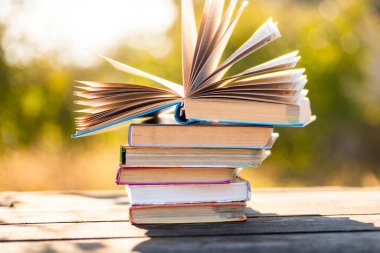 Doğal arka planda tahta masa üzerine açık bir kitap. Yumuşak odak