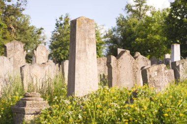 Renkli günbatımı gökyüzünde Eski Yahudi mezarlığı, Chernivtsi Ukrayna.