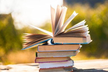 Doğal arka planda tahta masa üzerine açık bir kitap. Yumuşak odak