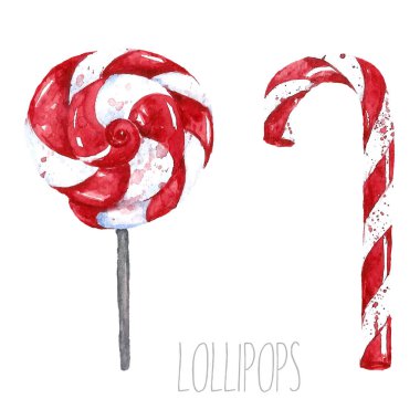 Suluboya lolipop. El izole tatlı şeker resimde beyaz zemin üzerine çekilmiş..