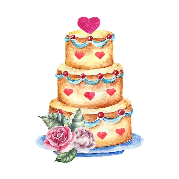Pastel de boda de acuarela. Ilustración vintage dibujada a mano — Vector de stock