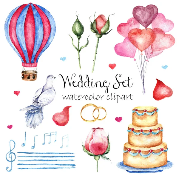 De reeks van de stijlen van de aquarel moderne elegante bruiloft. Diverse objecten: bruid boeket met rozen, pioenroos, roze schoenen, naked cake, lucht ballonnen, patroon vlaggen garland. Handgeschilderde ontwerp . — Stockvector