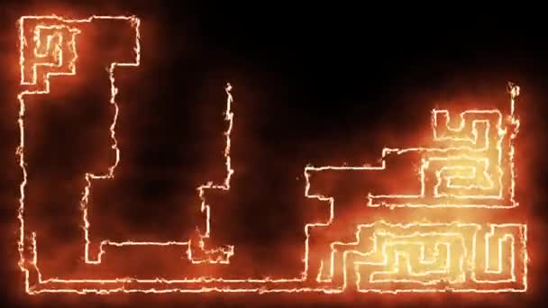 Ogień, spalanie labirynt, tworząc na czarnym tle — Wideo stockowe
