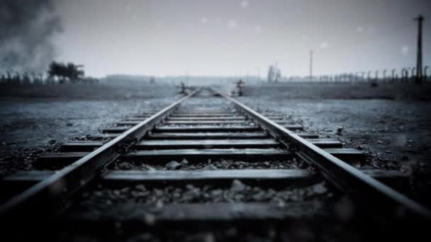 Caminhos-de-ferro que conduzem a um campo de concentração — Vídeo de Stock