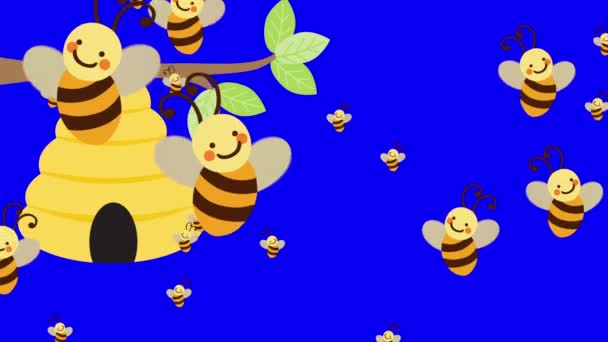 ミツバチの巣箱と青い画面の背景に飛んでいる蜂の多く — ストック動画