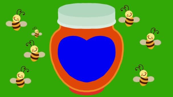 Les abeilles de bande dessinée volent autour d'un pot de miel avec une étiquette bleue sur un écran vert — Video