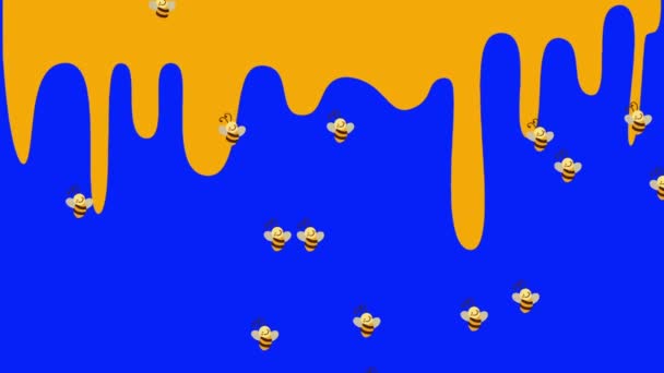 Caricature Des abeilles volantes et du miel dégoulinant sur un écran bleu — Video