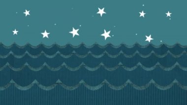 Tiyatro karton deniz dalgaları karikatür yıldızlı gece gökyüzü arka plan üzerinde