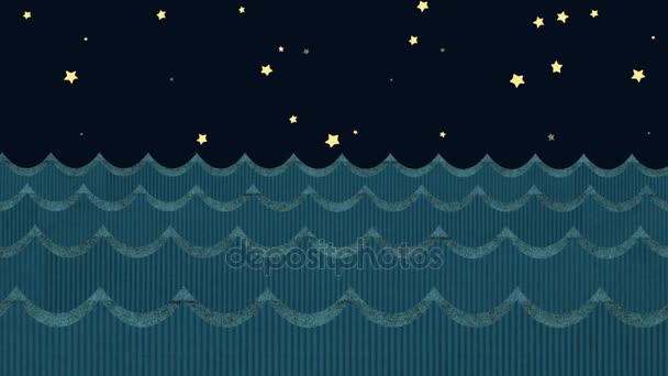 Teatrala kartong havets vågor på en stjärnklar natt himmel bakgrund — Stockvideo