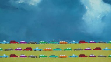 Tüm acele saat yönünde bir büyük mavi gökyüzü arka plan üzerinde sürüş karikatür vektör arabalar