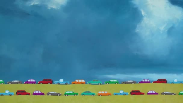 Cartoon Vector Cars Driving Both Direction in Rush Hour on a Big Blue Sky Background — Stock Video