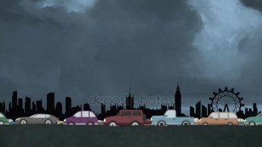 Döngü karikatür vektör ağır trafik Londra manzarası arka plan üzerinde sürüş araba