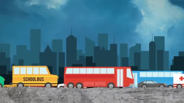Διάνυσμα κινουμένων σχεδίων από αυτοκίνητα σε βαριά κυκλοφορία δύο οδηγίες οδήγησης σε ένα φόντο στον ορίζοντα της πόλης — Αρχείο Βίντεο