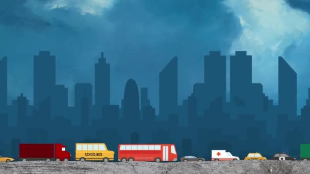 Cartoon Vector van auto's in zwaar verkeer op de achtergrond van een stad Skyline — Stockvideo