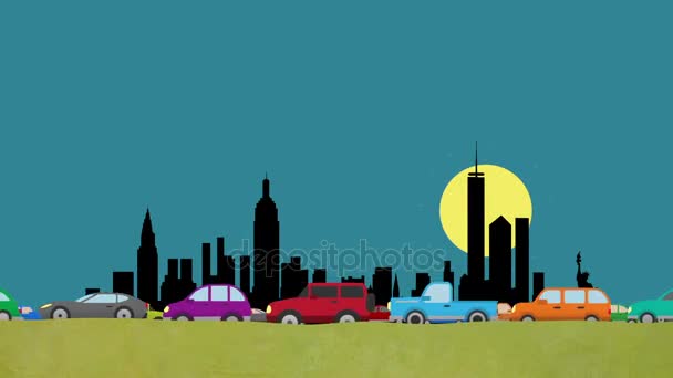 Loop Vector Cartoon de carros no trânsito pesado dirigindo em um fundo de Skyline de Nova York — Vídeo de Stock