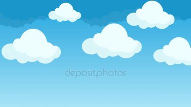 Mavi gökyüzünde uçan şirin ve kabarık çizgi film bulutlar