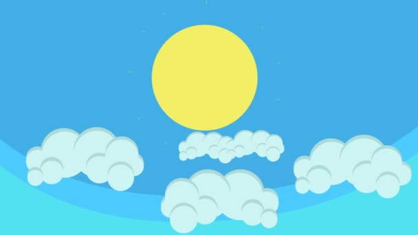 Kreskówka piękny słońca nad Puffy chmury — Wideo stockowe