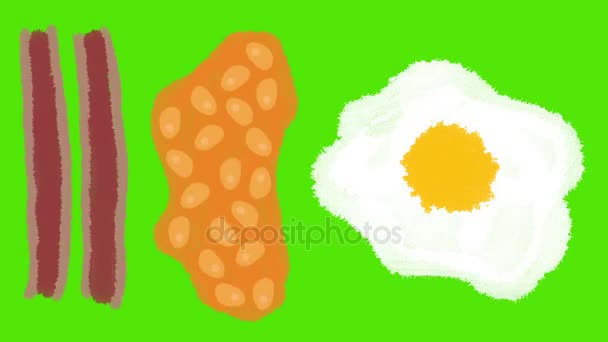 Ručně kreslené kreslené snídaně z smažené vejce slaninu a fazole na zeleném pozadí obrazovky — Stock video
