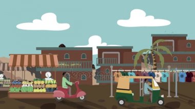 Rickshaws ve karikatür tarzı geçirerek scooter ile meşgul Hint pazarı