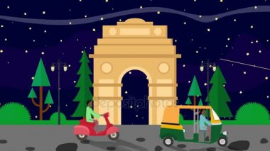 Çizgi film Hindistan kapı tarafından geçen Delhi Rickshaws ile gece