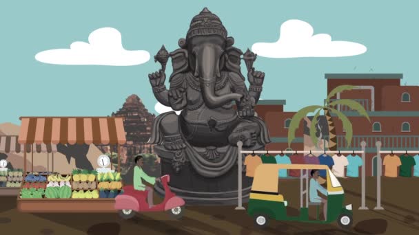 Ganesha-Statue auf einem belebten indischen Markt mit vorbeifahrenden Rikschas im Cartoon-Stil — Stockvideo