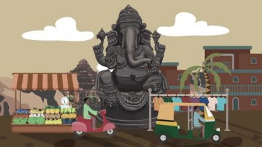 Karikatür tarzı Hindistan'da bir sokakta geçerken Rickshaws Ganesha heykeli