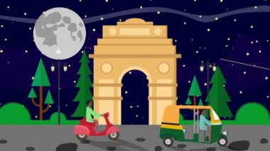 Çizgi film Hindistan kapı tarafından geçen Delhi Rickshaws ile Dolunay geceleri