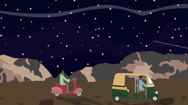 Ilustrace z rikši a skútry kolem v noci v Indii — Stock video