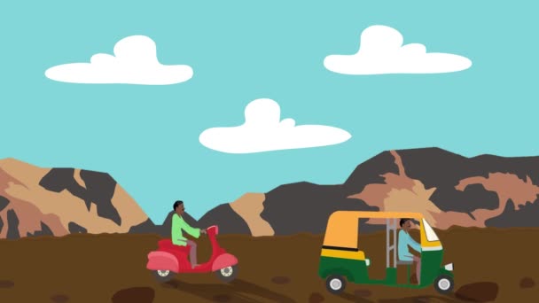 Cartoon Rickshaws e Scooters Passando por na Índia — Vídeo de Stock