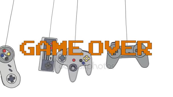 Game Over på olika styrspakar bakgrund hängande på sin tråd — Stockvideo