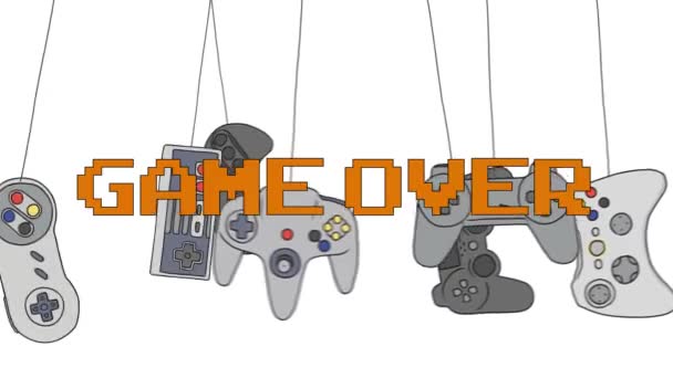 GAME OVER на фоне джойстиков, висящих на их ногах — стоковое видео