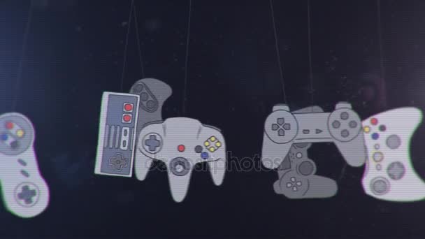 不同的游戏控制台挂和摇摆的游戏杆 — 图库视频影像