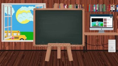 Çizgi film Blackboard bir okul otobüsü ile bir çocuk sınıfında