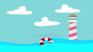 Dalgalar deniz ve deniz feneri uzaklık arasında yüzen karikatür Lifebuoy
