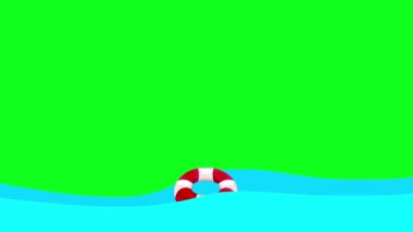 Yeşil bir ekran denizde yüzen karikatür Lifebuoy