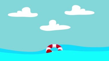 Denizin mavi gökyüzü arka plan üzerinde yüzen karikatür Lifebuoy
