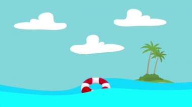 Bir ada uzaklık ile denizde yüzen karikatür Lifebuoy