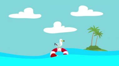 Çizgi film martı bir ada uzaklık ile dalgalar deniz arasında yüzen bir Lifebuoy tutuyoruz