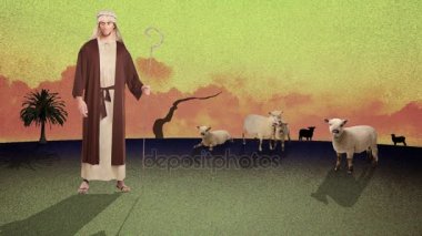 Çizgi film genç bir İncille çoban koyun bir çölde hayvan sürüsü