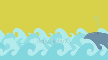 Çizgi film balina denizde bir yaz gökyüzü üzerinde yüzüyor.