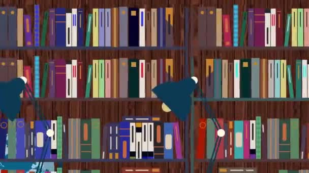 Мультфильм Библиотека с книжными полками чтение лампы и глобус — стоковое видео