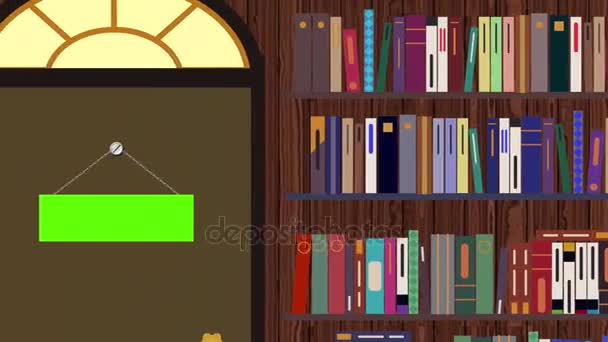 Biblioteca de dibujos animados con un letrero de puerta verde Estantes y computadoras con verde — Vídeo de stock