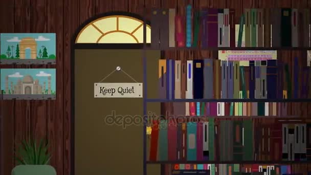 Γελοιογραφία Ambiance βιβλιοθήκη με βιβλία και υπολογιστές — Αρχείο Βίντεο